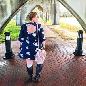 Beige by ECI Bohemian Embroidered Navy Floral 3/4 Sleeve Breezy Tunic Dress XL